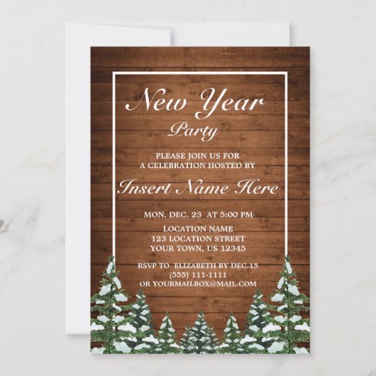 Snowy Wood & Forest Rural Pine New Year Party Einladung (Vorderseite)