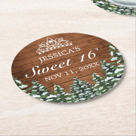 Snowy Wood & Forest Rural Pine Tiara Sweet 16 Runder Pappuntersetzer