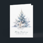 Snowy Woodland Pine Deer Frohe Weihnachtswohnung Karte<br><div class="desc">Ein elegantes Aquarell-Hirsche liegt in einem rustikalen,  schneebedeckten Winterkiefernbaum. Frohe Weihnachten ist in einem einfachen Skript unten geschrieben,  mit einer zusätzlichen Zeile unten,  um das Design weiter anpassen. Der gesamte Text auf dieser Karte kann bearbeitet werden. Es gibt eine Weihnachtsbotschaft,  die Sie auf der Rückseite personalisieren können.</div>