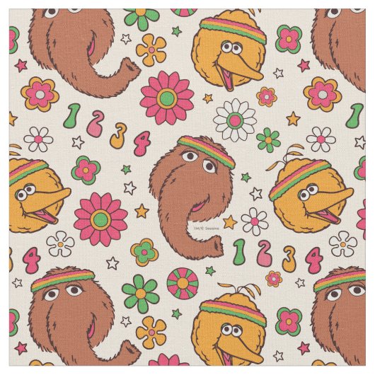 Snuffleupagus und Big Bird Groovy Blume Muster Stoff (Nahaufnahme)