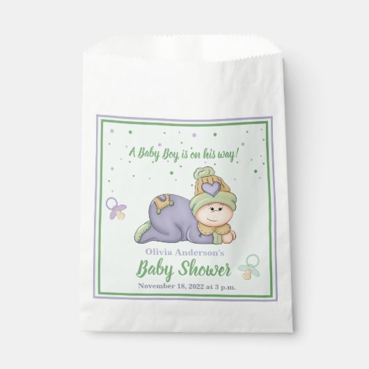 Snuggle Baby Boy - Green & Lila Baby Dusche Geschenktütchen (Vorderseite)