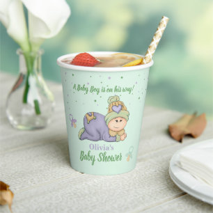 Snuggle Baby Boy - Green & Lila Baby Dusche Pappbecher