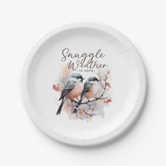 Snuggle Weather Is Here, Birds on Branch Christmas Pappteller (Vorderseite)
