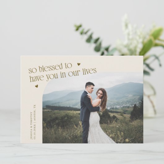 So Blessed Cream Wedding Photo Dankeskarte (Stehend Vorderseite)