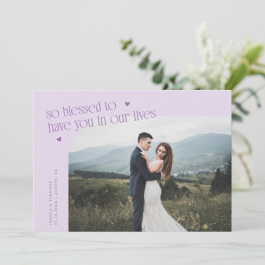 So Blessed Lilac Wedding Photo Dankeskarte (Stehend Vorderseite)