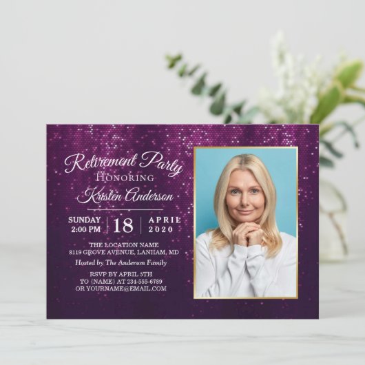 So elegant Lila Glitzer Gold Rentirement Party Einladung (Stehend Vorderseite)