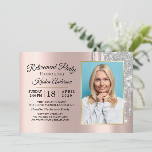 So Eleganter Glitzer Rose Gold Rente Party Einladung (Stehend Vorderseite)