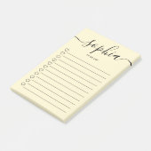 So listen Sie Skriptschwerpunkte mit gelben Anmerk Post-it Klebezettel (angewinkelt)