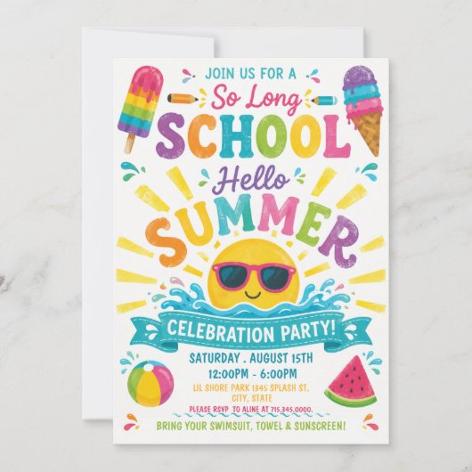 So Long Schule Hallo Sommer Bunte Poolparty Einladung (Vorderseite)