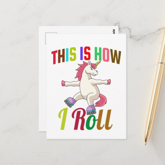 So rolle ich - Roller Skaten Unicorn Postkarte (Vorderseite/Rückseite Beispiel)