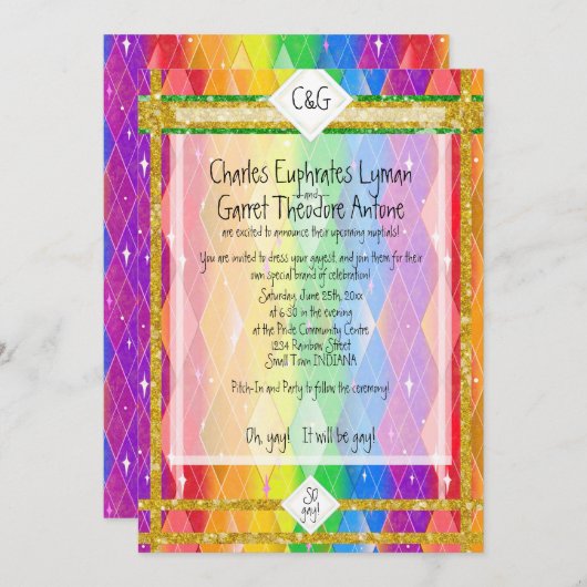 So schwul! Rainbow-Raute, Glitzer Monogram Wedding Einladung (Vorne/Hinten)