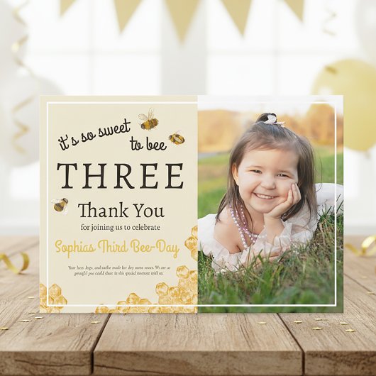 So Sweet To Bee Three 3rd Birthday Honey Bee Photo Dankeskarte
