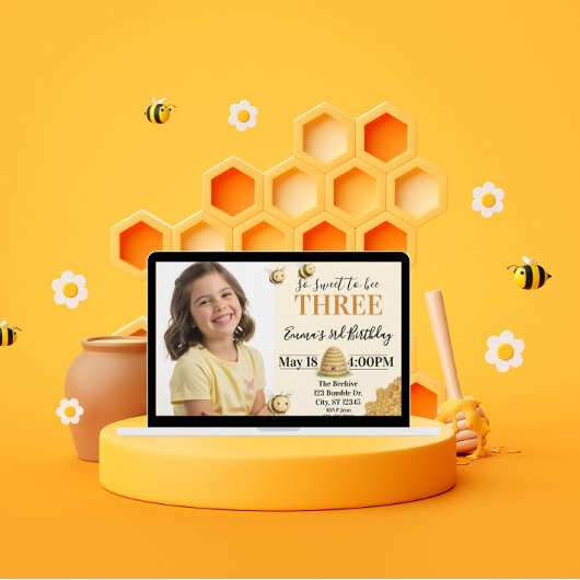 So Sweet to Bee Three, 3rd Birthday with Picture Einladung