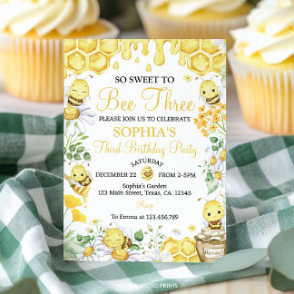 So Sweet To Bee Three Honey Bee Floral Birthday Einladung