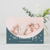 So viel Freude Blue Holiday Baby Foto Birth Ankündigung (Stehend Vorderseite)