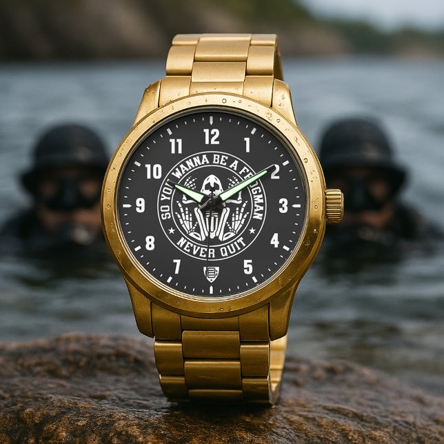 So You Wanna Be A Frogman "NEVER QUIT" Patch Gold Armbanduhr (Wanna Be A Frogman "NEVER QUIT" Gold Stainless Steel Watch)