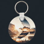Soaring Bald Eagle Over Mountain Valley Lake Schlüsselanhänger<br><div class="desc">A bald eagle soars gracefully over a picturesque mountainous landscape at sunrise,  with a double-exposure effect,  and sun rays create a halo around the eagle,  adding a sense of majesty</div>