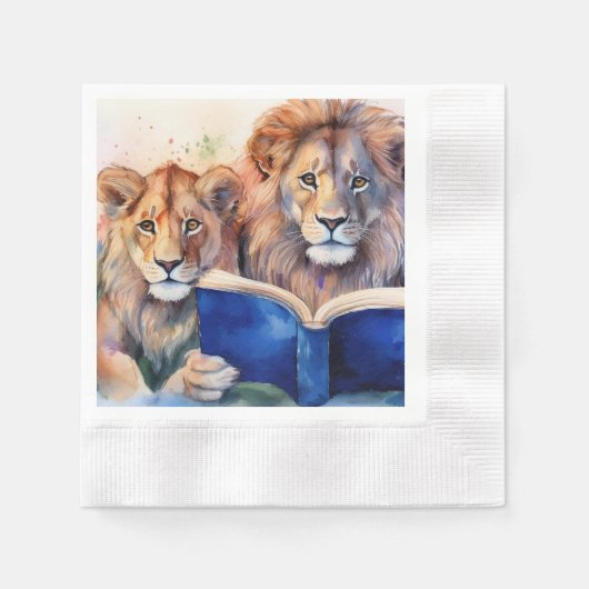 Sober Lion and Cub Reading Big Book Serviette (Vorderseite)