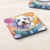 Sober Schnoodle Dog Reading Big Book Erholung Getränkeuntersetzer (Linke Seite)