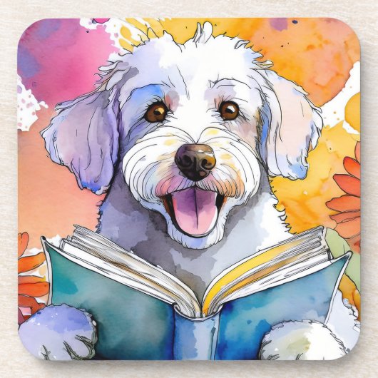 Sober Schnoodle Dog Reading Big Book Erholung Getränkeuntersetzer (Vorderseite)