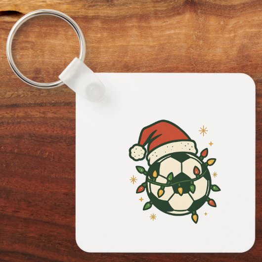 Soccer Ball Christmas Lights Santa Hat Funny Schlüsselanhänger (Vorderseite)