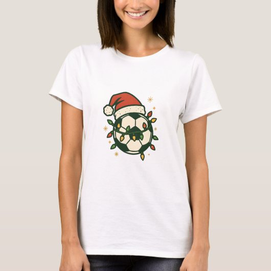 Soccer Ball Christmas Lights Santa Hat Funny T-Shirt (Vorderseite)