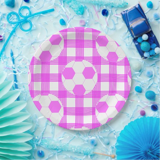 Soccer Ball Plaid Pattern In White and Pink Pappteller (Party)