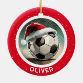 Soccer Ball Rote Weihnachtsmannmütze Weihnachtskid Keramik Ornament (Hinten)