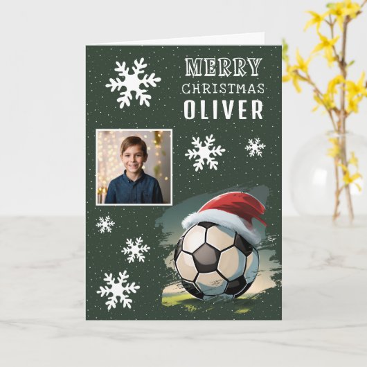 Soccer Ball Santa Hat Kids Photo Christmas Karte (Gelbe Blume)