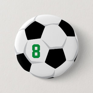 Soccer Ball White Black Green Custom Team Number Button