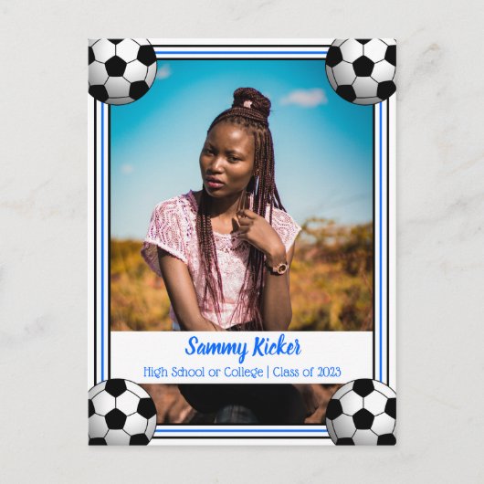 Soccer Blue & Black Abschluss Ankündigungspostkarte (Vorderseite)