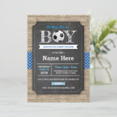 Soccer Blue Boy Baby Showball Einladung (Stehend Vorderseite)