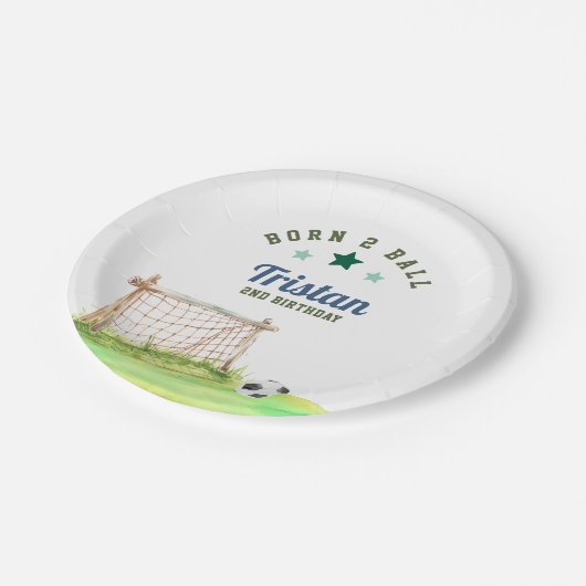 Soccer “Born Two Ball” Second Birthday Pappteller (Schrägansicht)