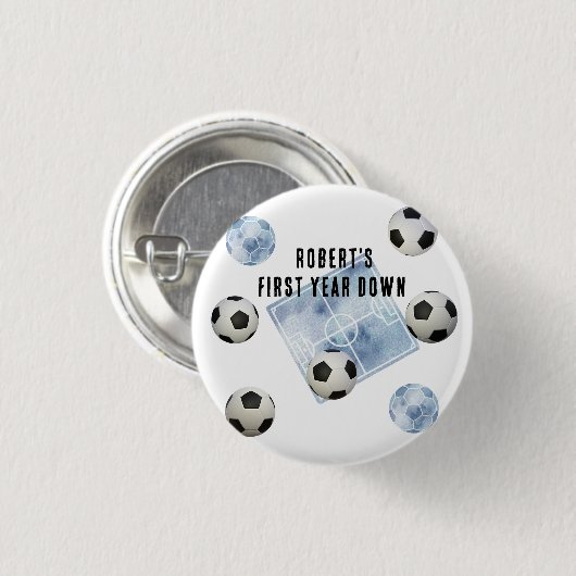 Soccer First Year Down Birthday Party Button (Vorne & Hinten)
