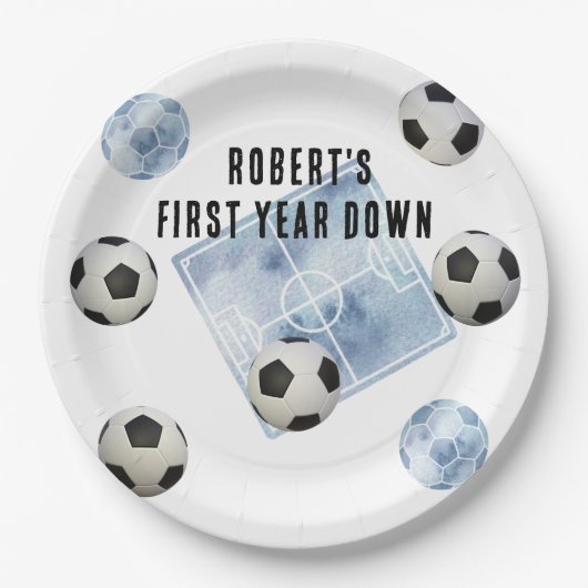 Soccer First Year Down Birthday Party Pappteller (Vorderseite)