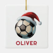 Soccer Football Ball Red Santa Hat Name Christmas Keramikornament (Rückseite)