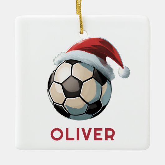 Soccer Football Ball Red Santa Hat Name Christmas Keramikornament (Vorderseite)