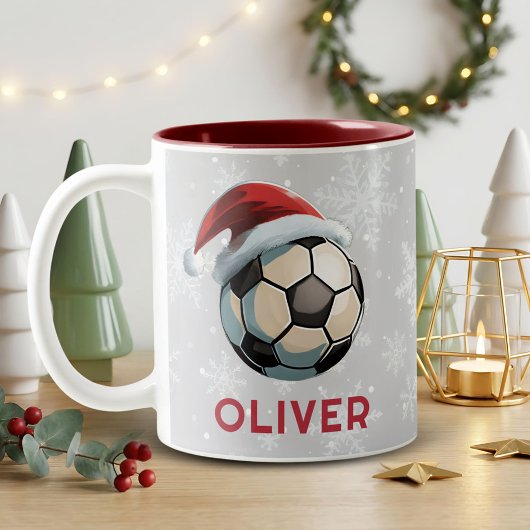 Soccer Football Ball Red Santa Hat Name Christmas  Zweifarbige Tasse