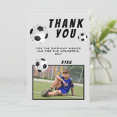 Soccer Football Thank you Birthday Photo Card Dankeskarte (Stehend Vorderseite)