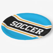 SOCCER Fun Sky Blue Black Yellow Racing Stripes Pappteller (Schrägansicht)
