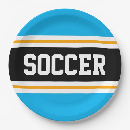 SOCCER Fun Sky Blue Black Yellow Racing Stripes Pappteller (Vorderseite)