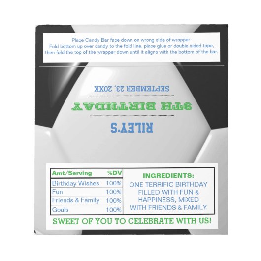 Soccer Green Blue Party Favor Candy Wrappers Notizblock (Vorderseite)