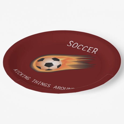 SOCCER" KICKING DINGE RUND UM" Papier Teller. Pappteller (Schrägansicht)
