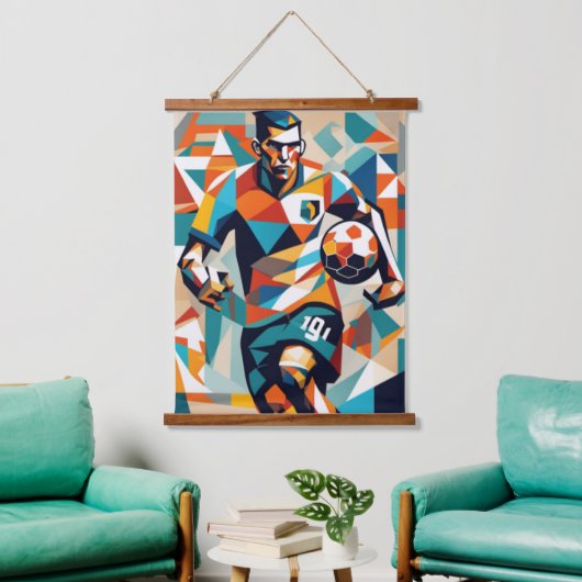 Soccer Player Cubist Wall Tapestry Wandteppich Mit Holzrahmen (Wohnzimmer)