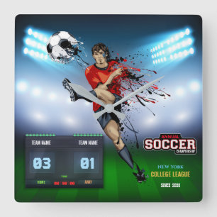 Soccer player with electronic sports scoreboard quadratische wanduhr