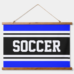 SOCCER Sporty Bright Blue Schwarz-weiß Stripes Wandteppich Mit Holzrahmen