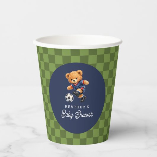 Soccer Teddy Bear Checkboard Baby Shower Pappbecher (Vorderseite)