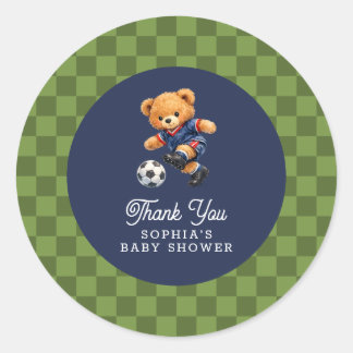 Soccer Teddy Bear Checkboard Retro Baby Shower Runder Aufkleber