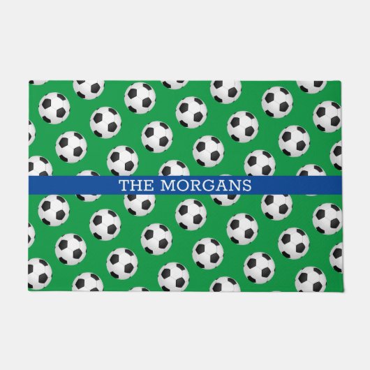 Soccerball-Muster, weißer Name, blau und grün Fußmatte (Vorderseite)