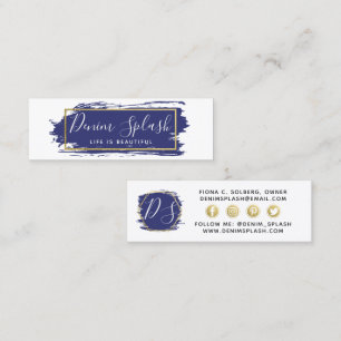 Social Influencer Navy Blue & Gold Paint Stroke Mini Visitenkarte